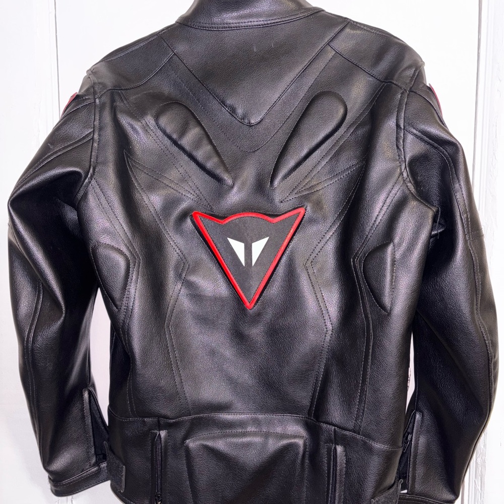 Dainese Men's Black Leather Motorcycle Jacket - Red Trim Logo